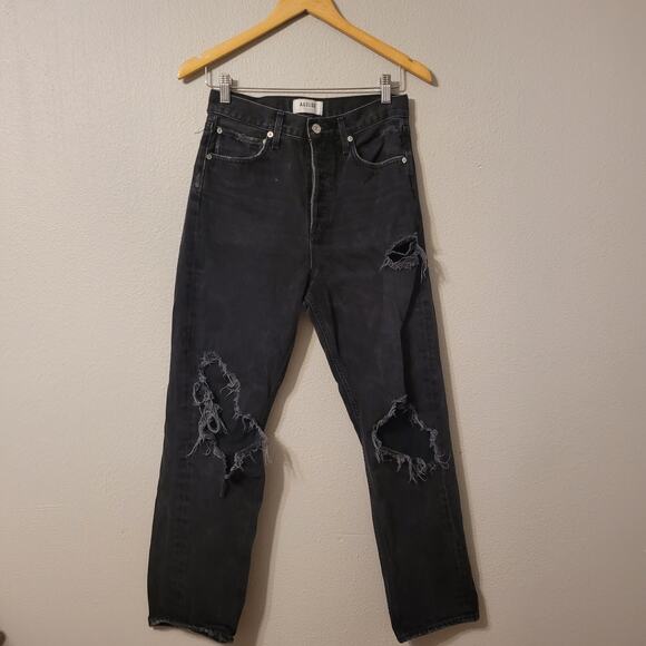 Agolde 90s Pinch Waist Button Fly Jeans Womens 25 Black Distressed High Rise‎ - Picture 1 of 12